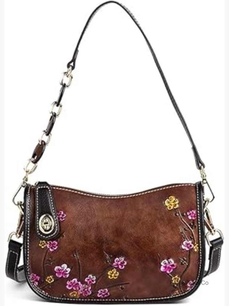 Vintage Cowhide Leather Crossbody Purse - Flower Embossed Underarm Bag
